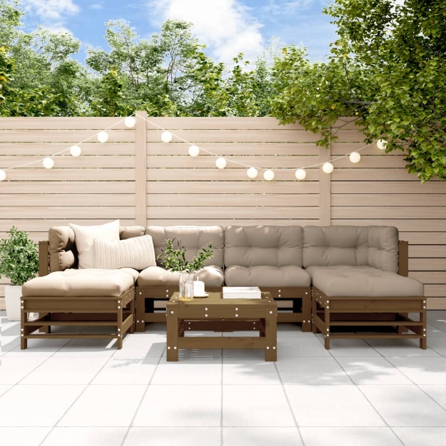 Set Divani da Giardino 7 pz con Cuscini in Legno Massello ambra