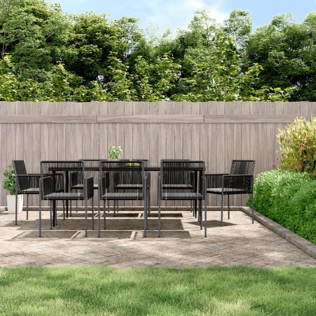 Set Pranzo Giardino 9 pz con Cuscini Polyrattan e Acciaio Nero
