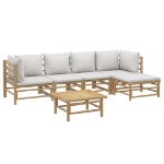 Set Salotto da Giardino 6pz con Cuscini Grigio Chiaro Bambù