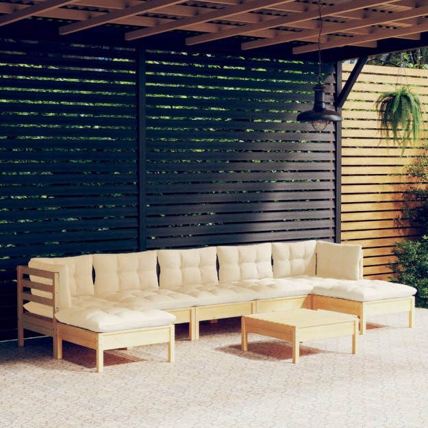 Set Salotto da Giardino 8 pz con Cuscini Crema in Legno di Pino