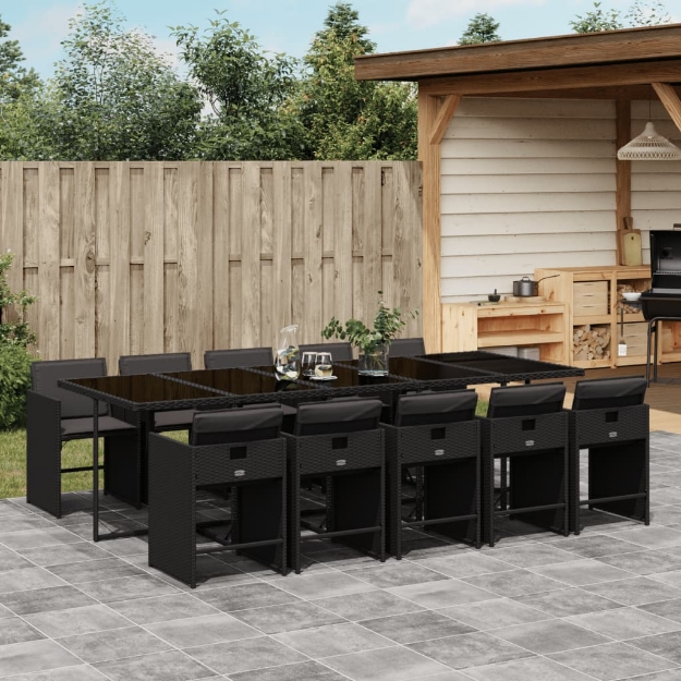 Set da Pranzo da Giardino 11 pz con Cuscini in Polyrattan Nero