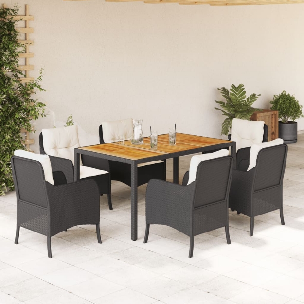 Set da Pranzo da Giardino 7 pz Nero con Cuscini in Polyrattan