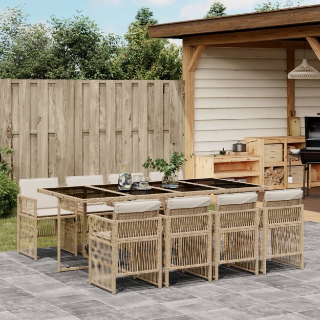 Set da Pranzo da Giardino 9 pz con Cuscini Beige in Polyrattan