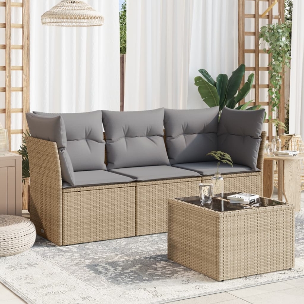 Set Divano da Giardino 4 pz con Cuscini Beige in Polyrattan