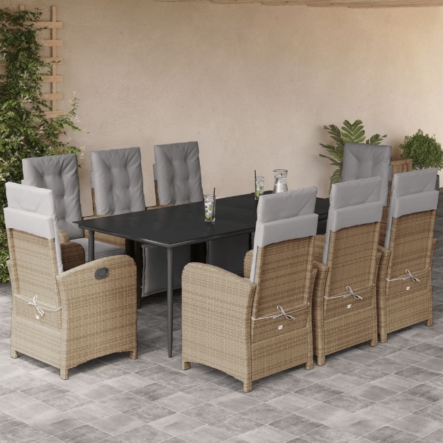Set da Pranzo da Giardino 9 pz con Cuscini Beige in Polyrattan