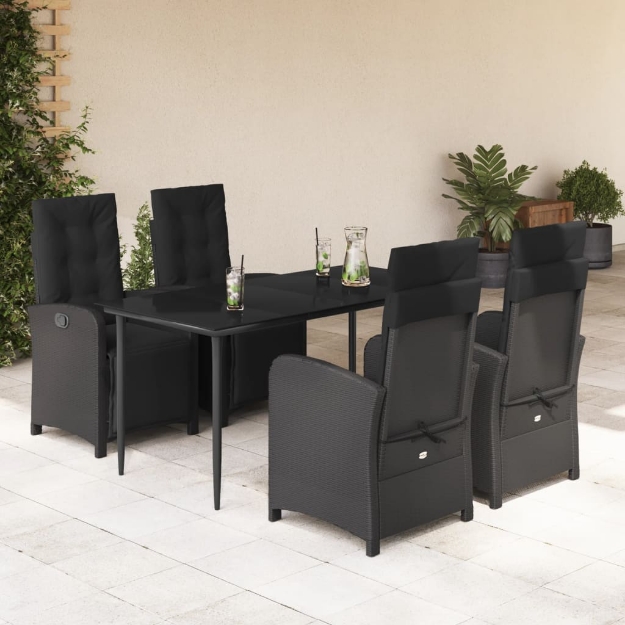 Set da Pranzo da Giardino 5 pz Nero con Cuscini in Polyrattan