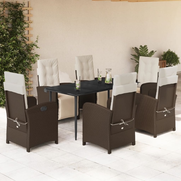Set da Pranzo da Giardino 7pz con Cuscini in Polyrattan Marrone