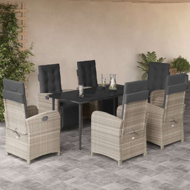 Set da Pranzo da Giardino 7 pz Cuscini Polyrattan Grigio Chiaro