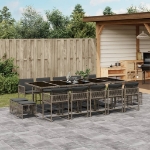 Set da Pranzo da Giardino 15 pz con Cuscini Grigio Polyrattan