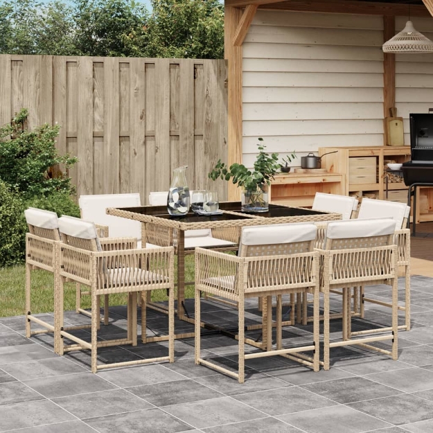 Set da Pranzo da Giardino 9 pz con Cuscini Beige in Polyrattan