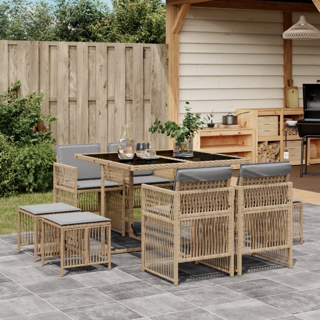 Set Pranzo da Giardino 9 pz con Cuscini Beige Misto Polyrattan