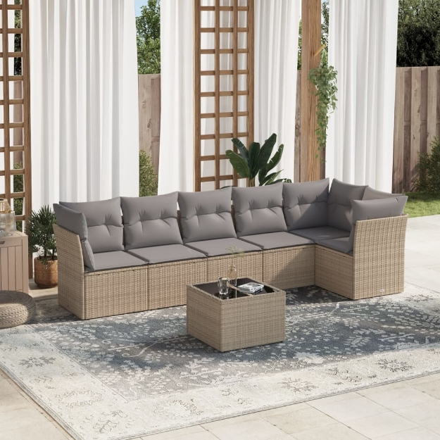 Set Divani da Giardino 7 pz con Cuscini Beige in Polyrattan