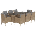 Set da Pranzo da Giardino 9 pz con Cuscini Beige in Polyrattan