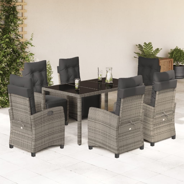Set da Pranzo da Giardino 7 pz con Cuscini in Polyrattan Grigio