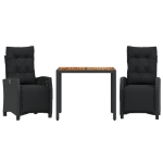 Set da Pranzo da Giardino 3 pz con Cuscini Nero in Polyrattan