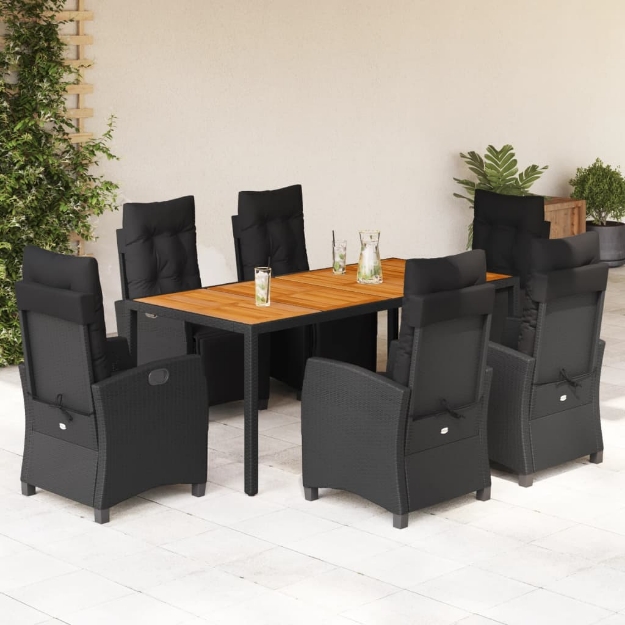 Set da Pranzo da Giardino 7 pz Nero con Cuscini in Polyrattan