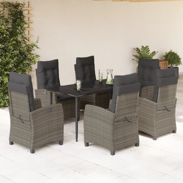Set da Pranzo da Giardino 7 pz con Cuscini in Polyrattan Grigio