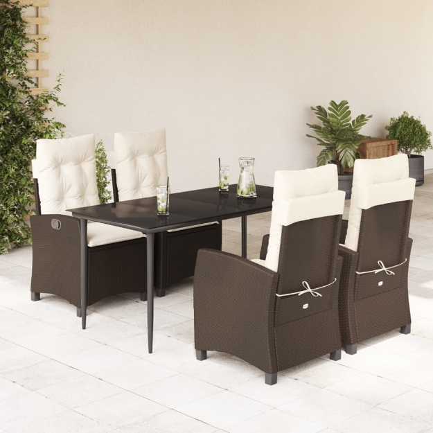 Set da Pranzo da Giardino 5pz con Cuscini in Polyrattan Marrone