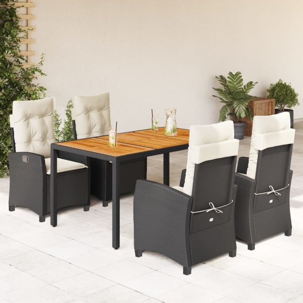 Set da Pranzo da Giardino 5 pz Nero con Cuscini in Polyrattan