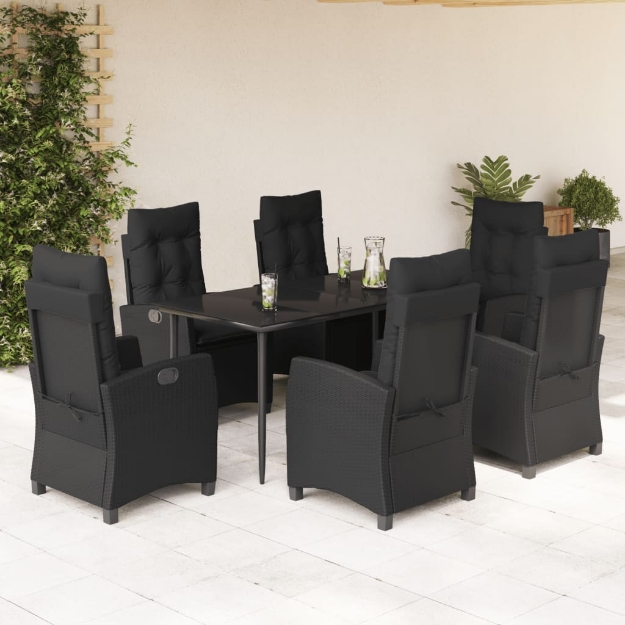 Set da Pranzo da Giardino 7 pz Nero con Cuscini in Polyrattan