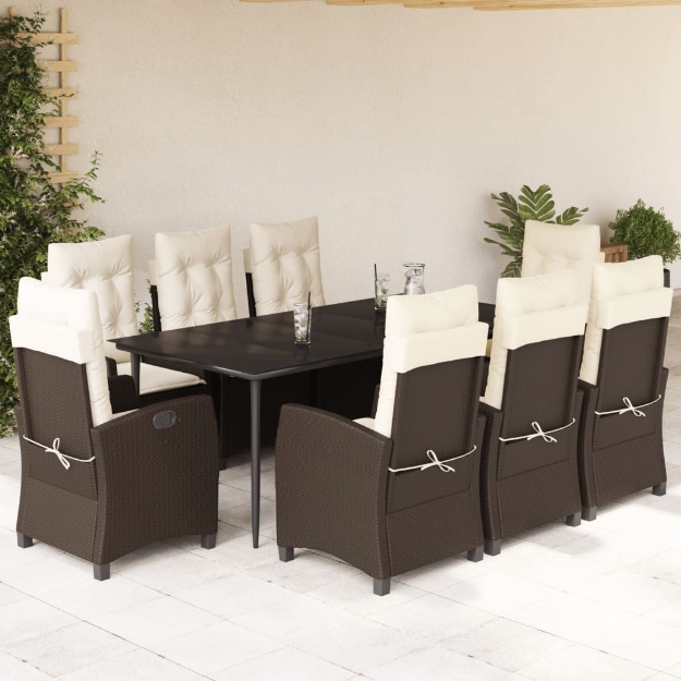 Set da Pranzo da Giardino 9pz con Cuscini Marrone in Polyrattan
