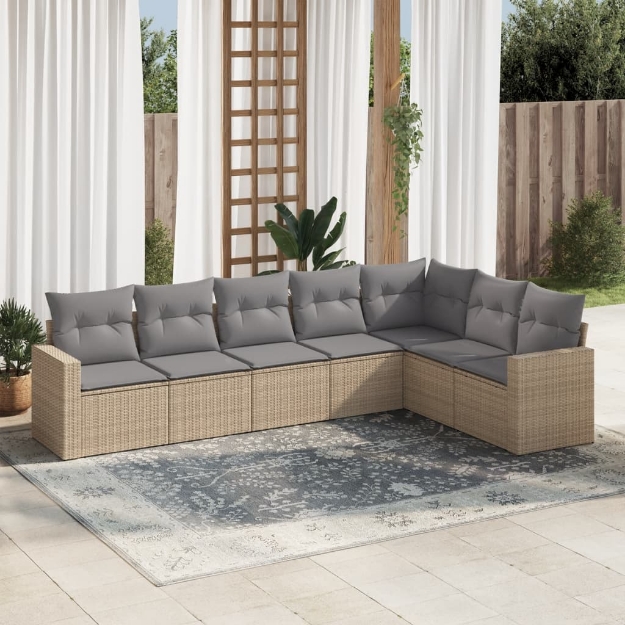 Set Divani da Giardino 7 pz con Cuscini Beige in Polyrattan
