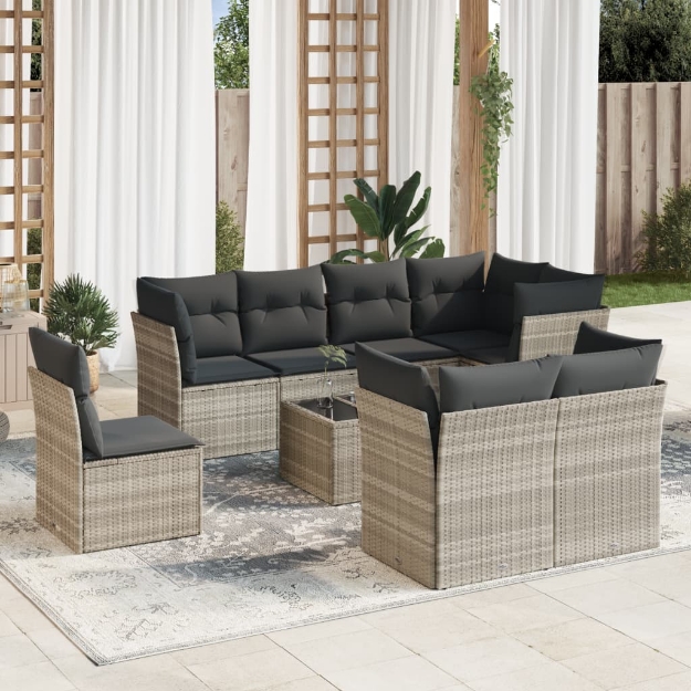 Set Divano da Giardino 9pz con Cuscini Grigio Chiaro Polyrattan