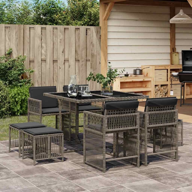 Set da Pranzo da Giardino 9 pz con Cuscini in Polyrattan Grigio