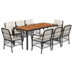 Set da Pranzo da Giardino 9 pz con Cuscini Nero in Polyrattan