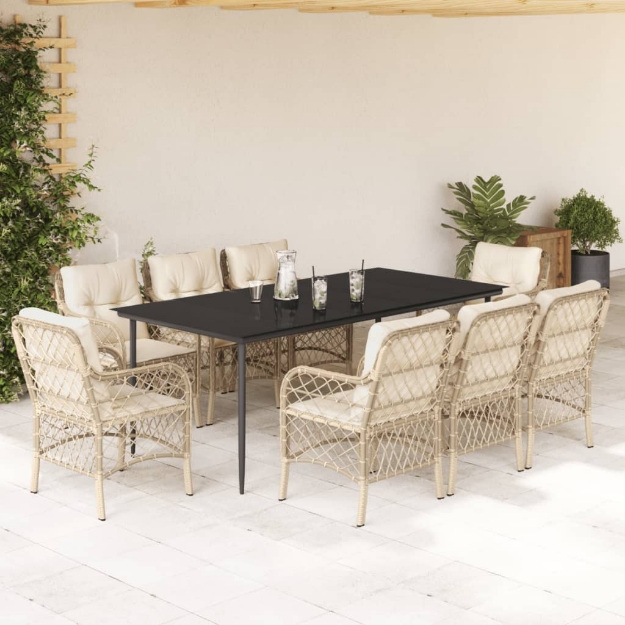 Set da Pranzo da Giardino 9 pz con Cuscini Beige in Polyrattan