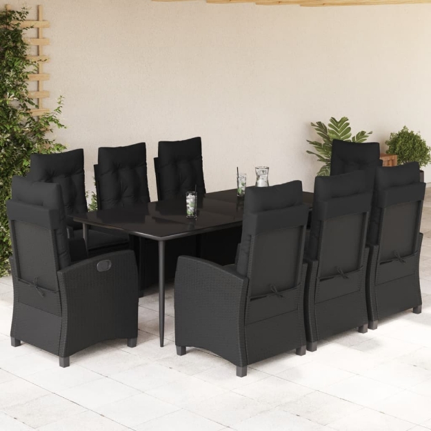 Set da Pranzo da Giardino 9 pz con Cuscini Nero in Polyrattan