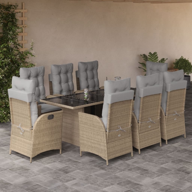 Set Pranzo da Giardino 9 pz con Cuscini Beige Misto Polyrattan