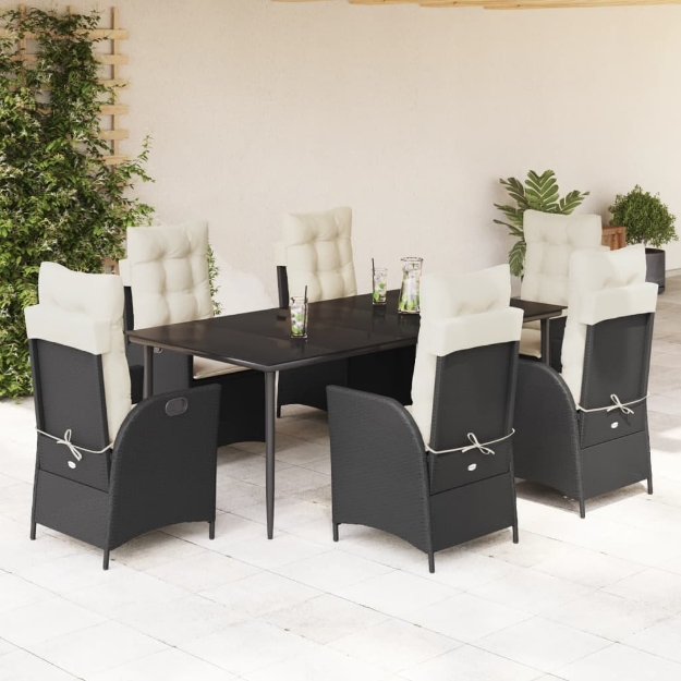 Set da Pranzo da Giardino 7 pz Nero con Cuscini in Polyrattan