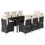 Set da Pranzo da Giardino 9 pz con Cuscini Nero in Polyrattan