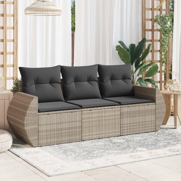 Set Divano da Giardino 3pz con Cuscini Grigio Chiaro Polyrattan