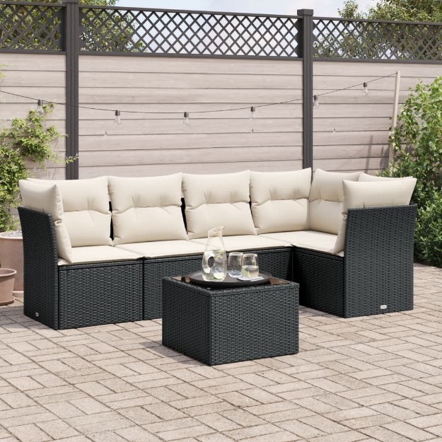 Set Divano da Giardino 6 pz con Cuscini Nero in Polyrattan