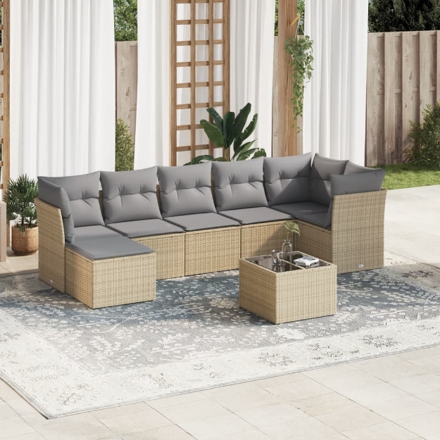 Set Divano da Giardino 8 pz con Cuscini Beige in Polyrattan