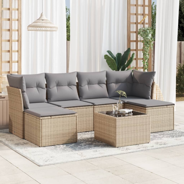 Set Divani da Giardino 7 pz con Cuscini Beige in Polyrattan