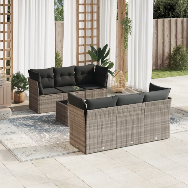 Set Divani da Giardino 7pz con Cuscini Grigio Chiaro Polyrattan