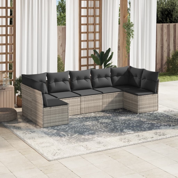 Set Divani da Giardino 7pz con Cuscini Grigio Chiaro Polyrattan
