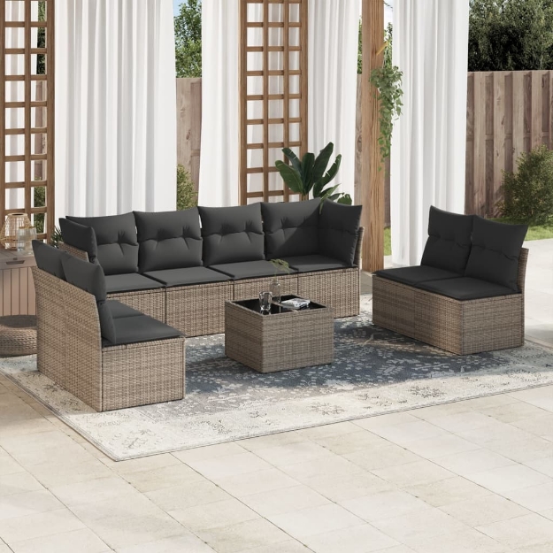 Set Divano da Giardino 9 pz con Cuscini Grigio in Polyrattan