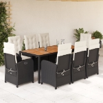 Set da Pranzo da Giardino 9 pz con Cuscini Nero in Polyrattan