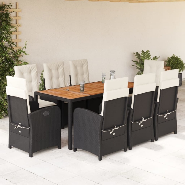 Set da Pranzo da Giardino 9 pz con Cuscini Nero in Polyrattan
