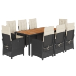 Set da Pranzo da Giardino 9 pz con Cuscini Nero in Polyrattan