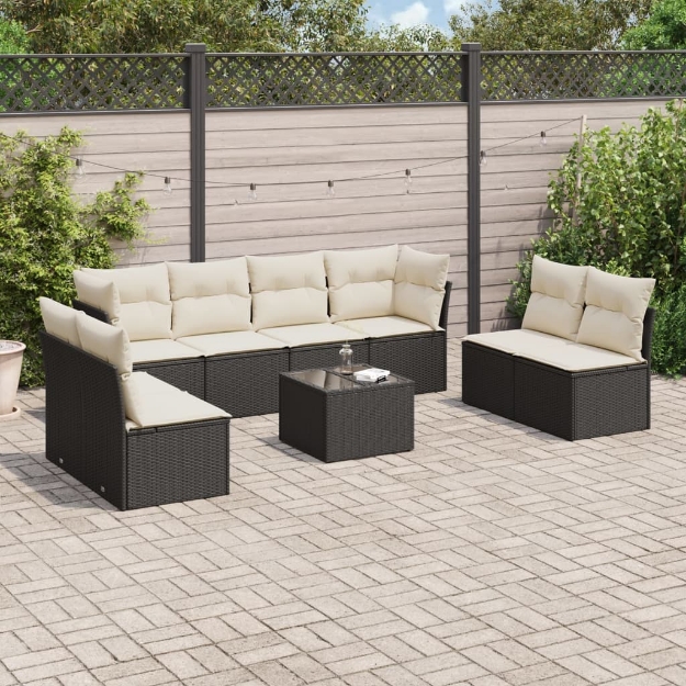 Set Divani da Giardino 9 pz con Cuscini Nero in Polyrattan