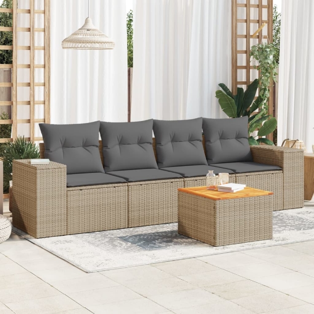 Set Divano da Giardino 5 pz con Cuscini Beige in Polyrattan