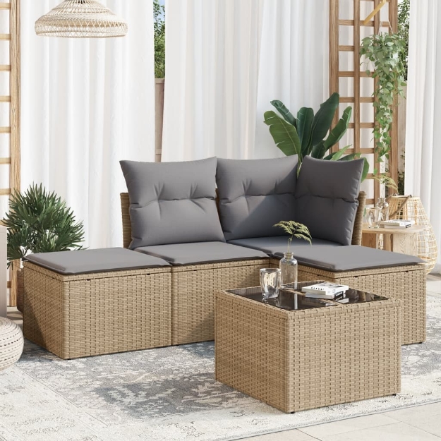 Set Divano da Giardino 5 pz con Cuscini Beige in Polyrattan