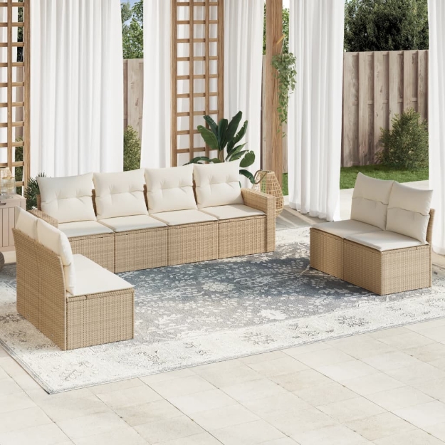 Set Divano da Giardino 9 pz con Cuscini Beige in Polyrattan