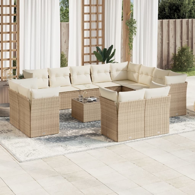 Set Divano da Giardino 13 pz con Cuscini Beige in Polyrattan