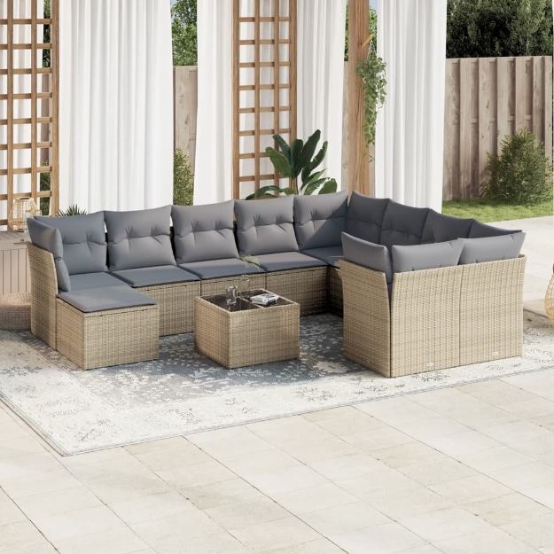 Set Divani da Giardino 11 pz con Cuscini Beige in Polyrattan